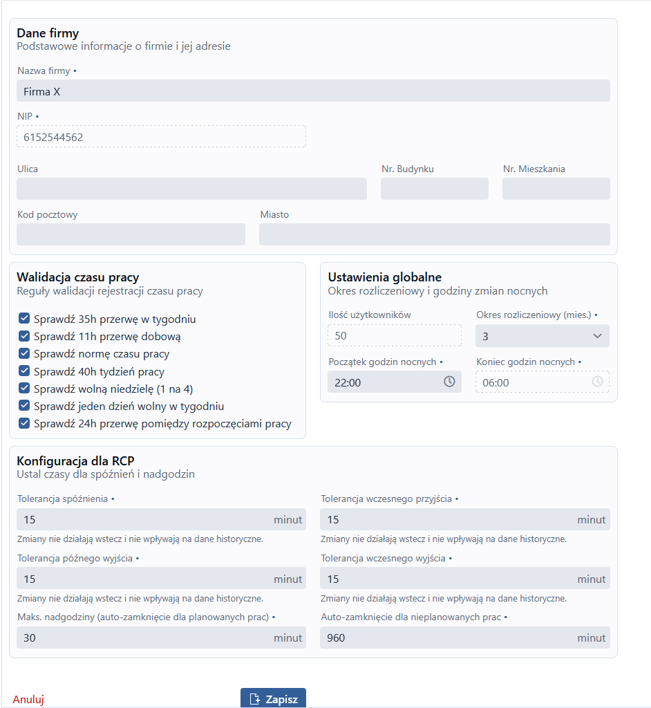 Konfiguracja - ekran ustawień PlanujGrafik