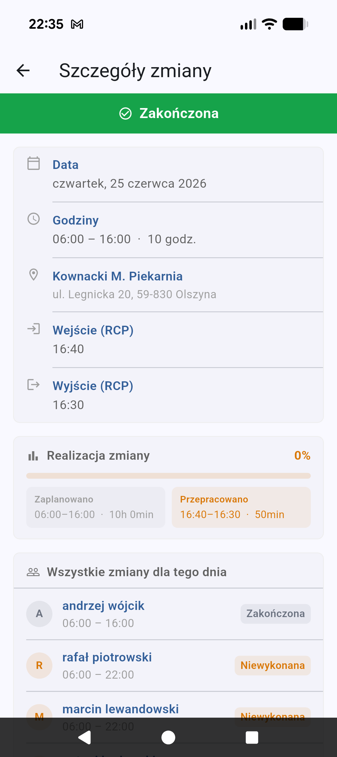 Szczegóły zakończonej zmiany z rejestracją czasu pracy