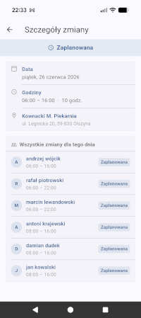 Aplikacja mobilna PlanujGrafik - szczegóły zmiany